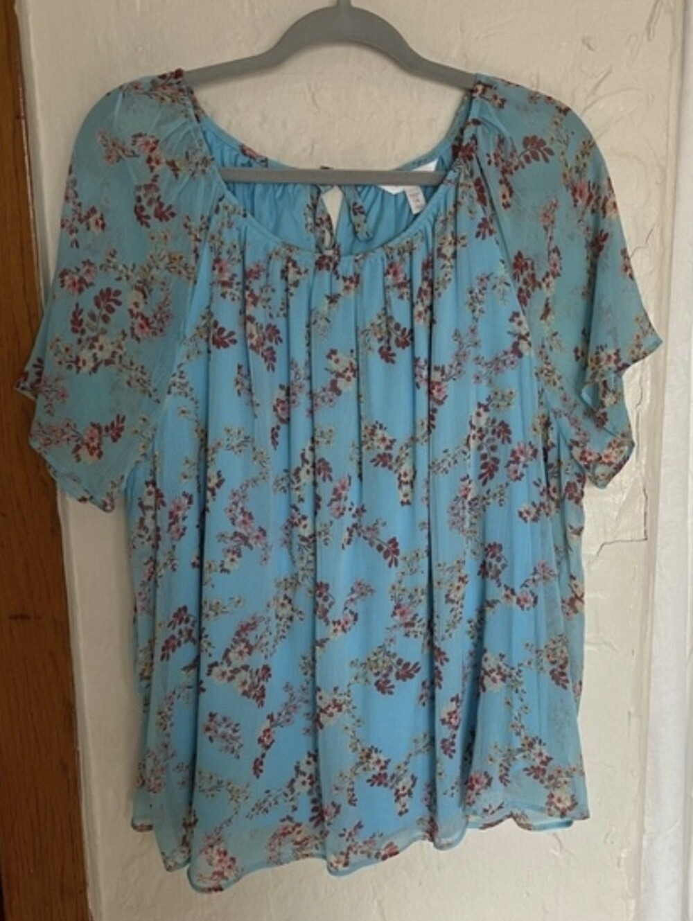 LC Lauren Conrad Blue Floral Short-Sleeve Peasant Blouse